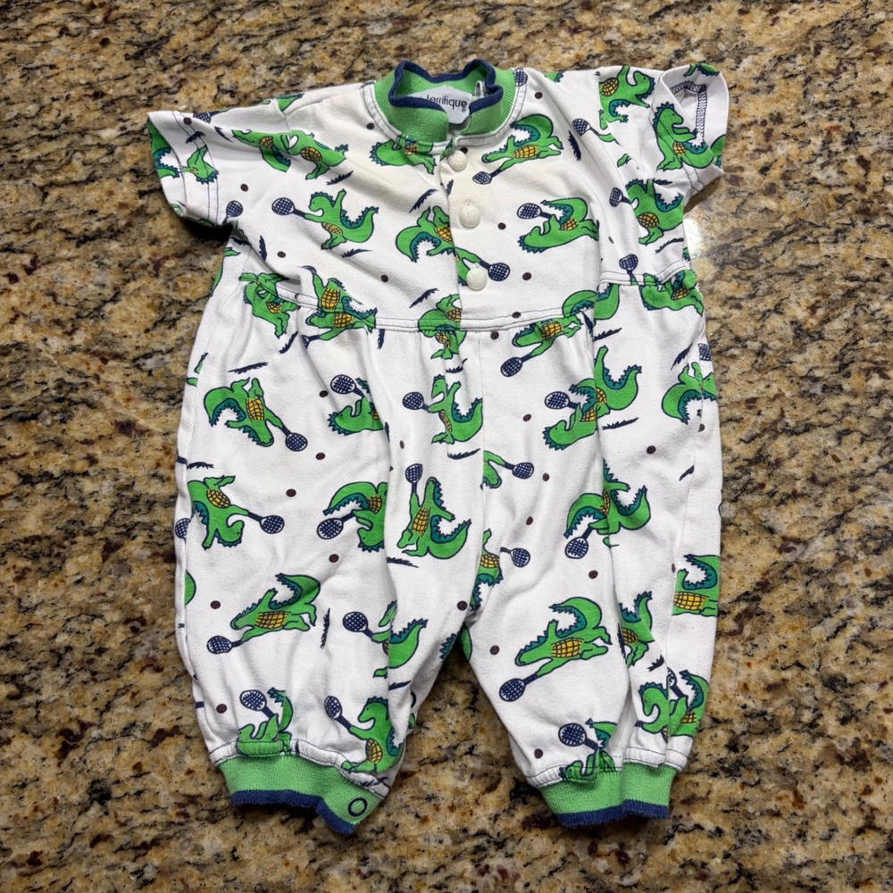 Vintage Bebe Terrifique Alligator Tennis Romper White Green 3/6 Months Sporty